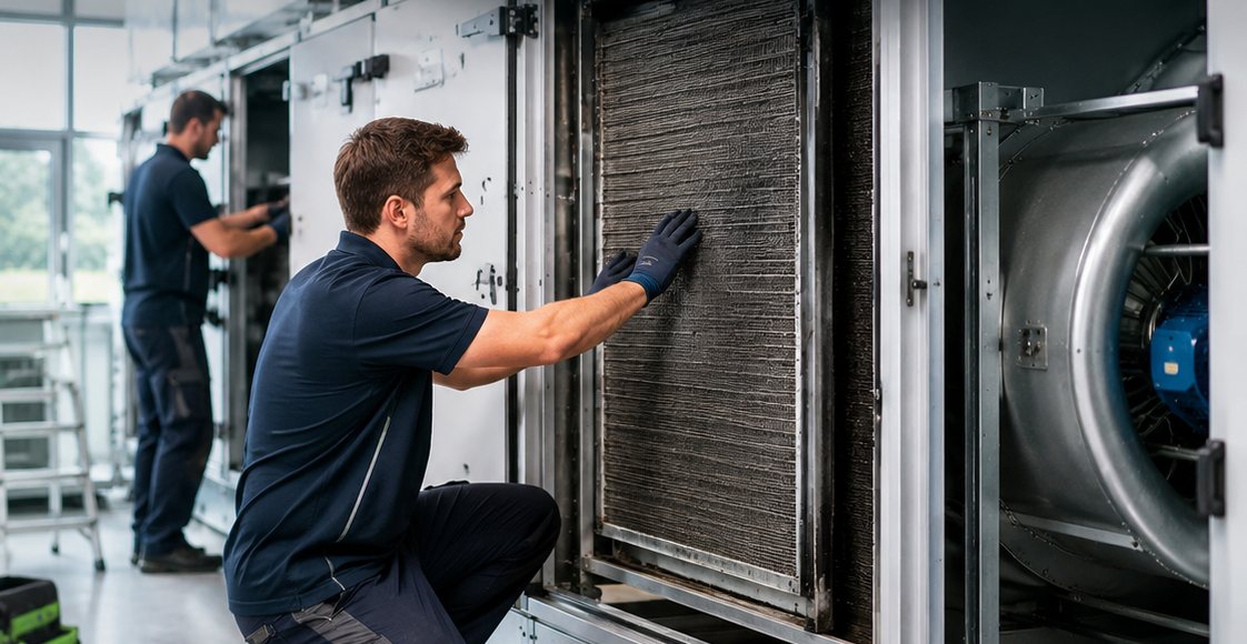 Techniker prüft und reinigt eine RLT-Anlage